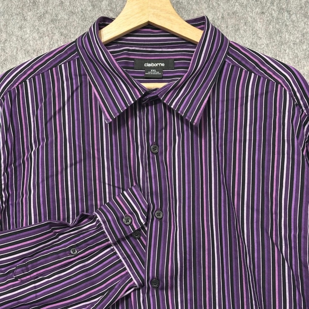 Claiborne Mens 2XL Purple Black White Stripe Dress Shirt Long Sleeve Button Up